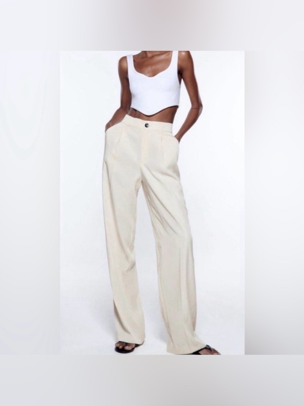 Zara Wide-Leg Ecru Flowy Trousers